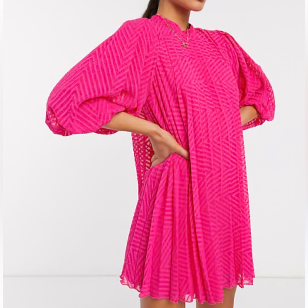 ASOS DESIGN PLEATED TRAPEZE Pink Mini Dress w/puff sleeves